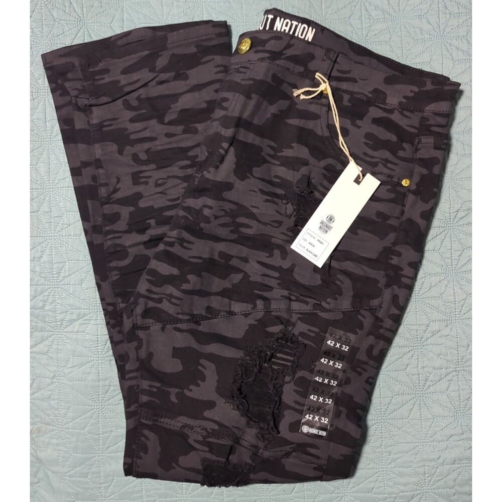 Argonaut Nation Jeans Men's 42x32 Black Camo 5 Pocket Ripped Urban Streetwear